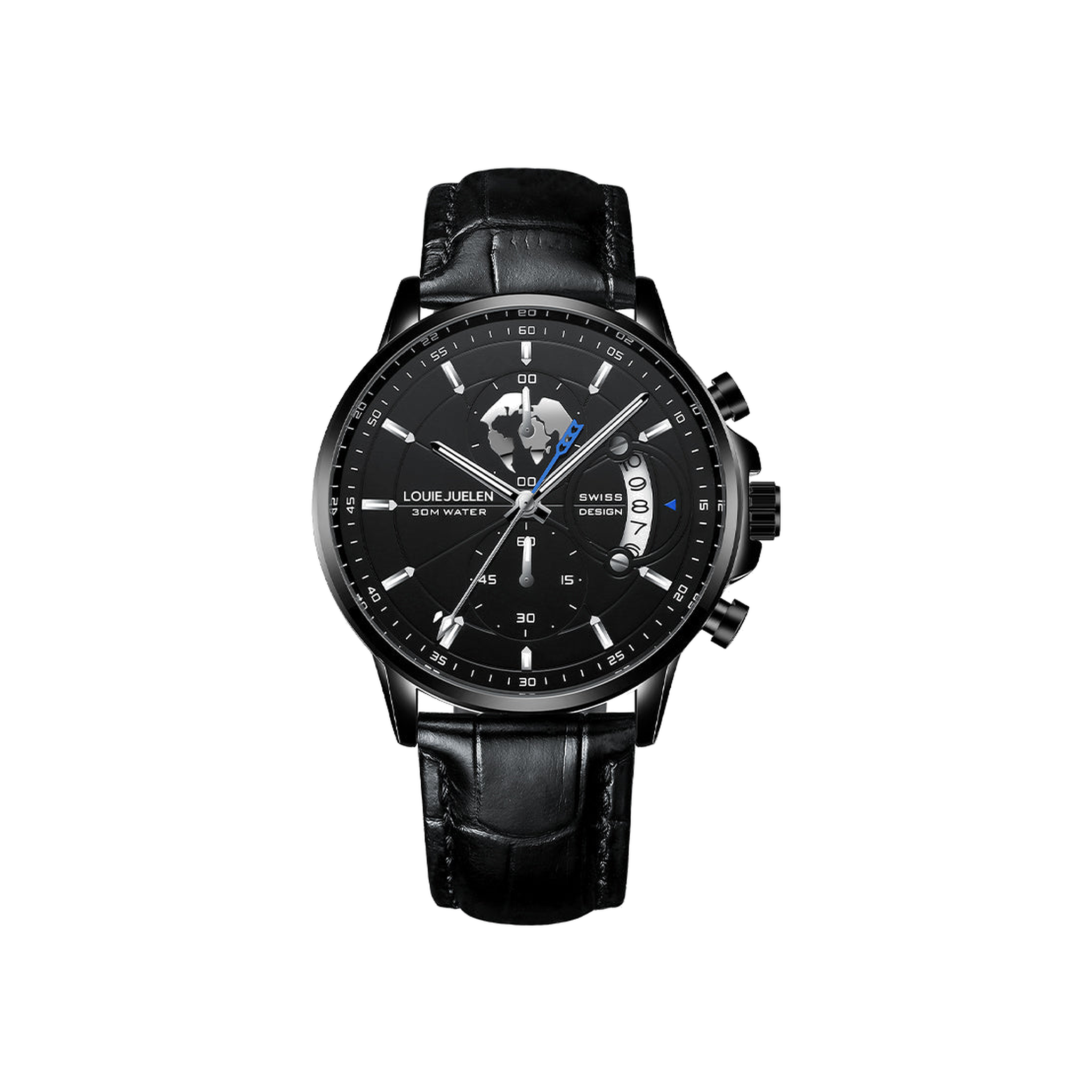 LOUIE JUELEN 576 Sport Quartz Day-Date Watch, All Black Leather, white background