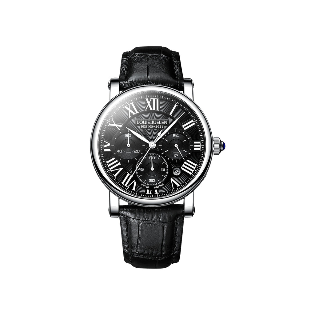 LOUIE JUELEN Roman-dial quartz watch, Silver Case Black Dial, white background