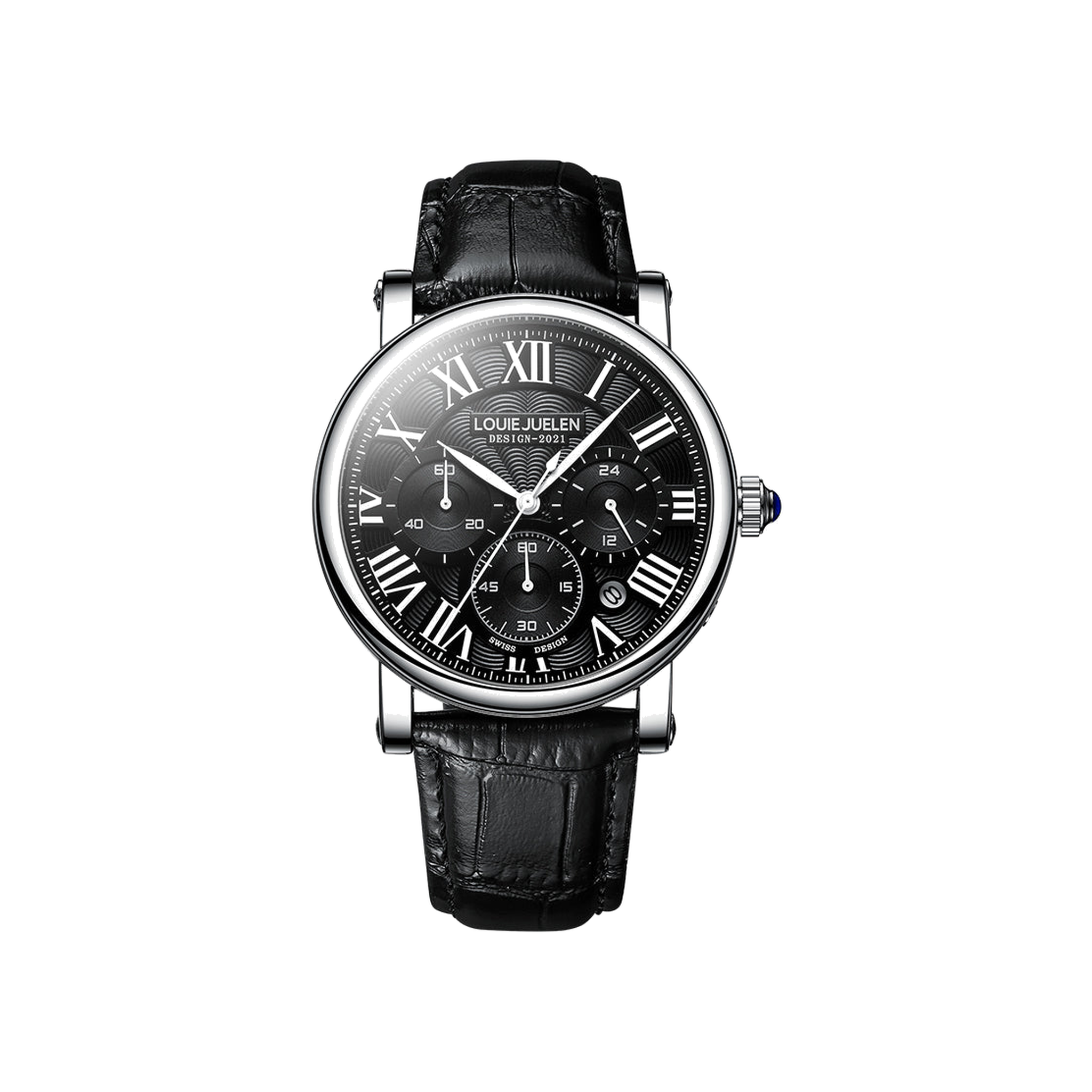 LOUIE JUELEN Roman-dial quartz watch, Silver Case Black Dial, white background