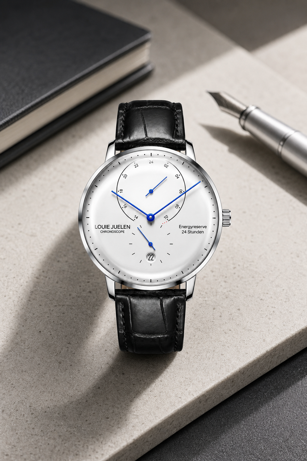 LOUIE JUELEN minimalist black leather watch on a pale stone design desk
