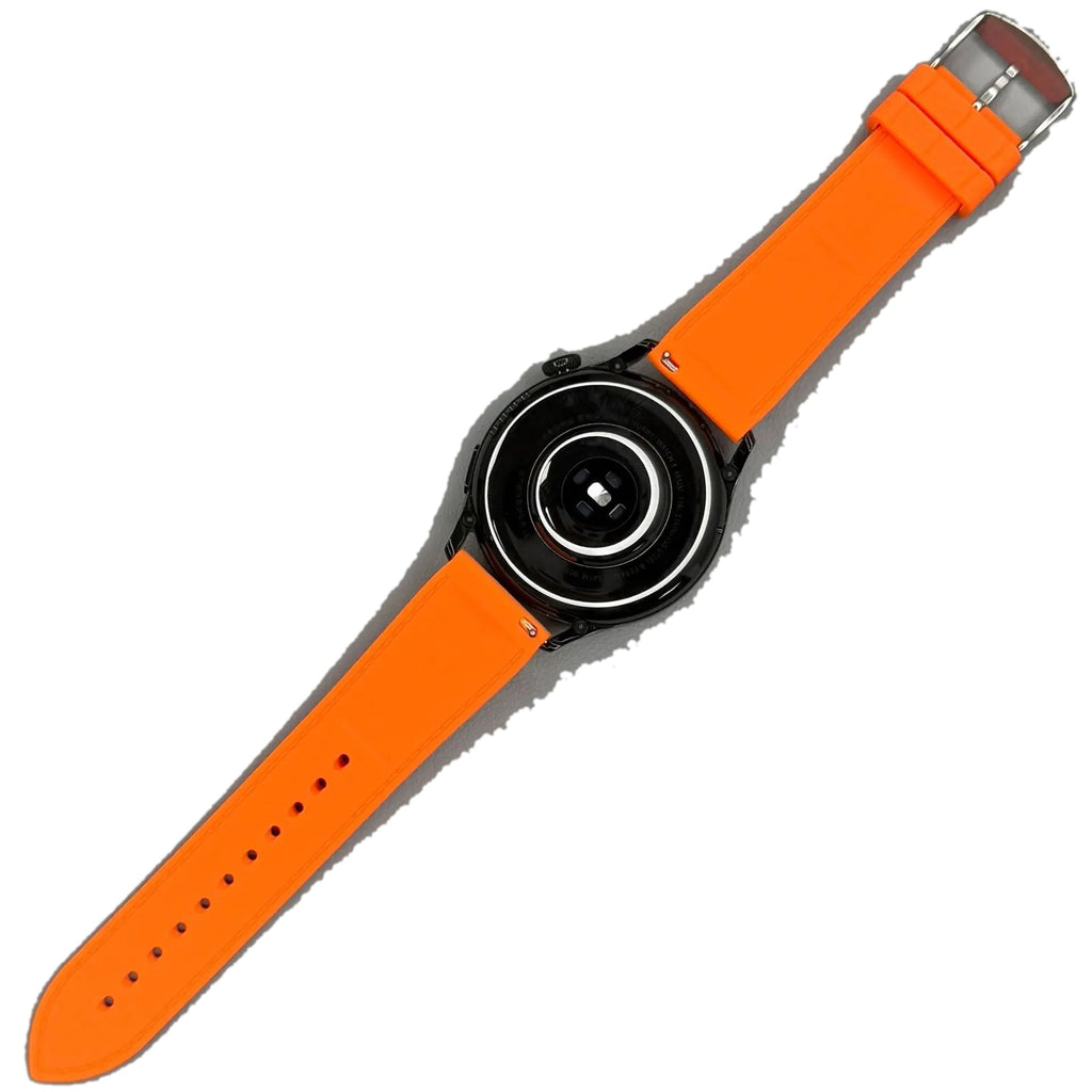 1GW Orange leather-texture silicone watch strap fitted to a watch, top down on white