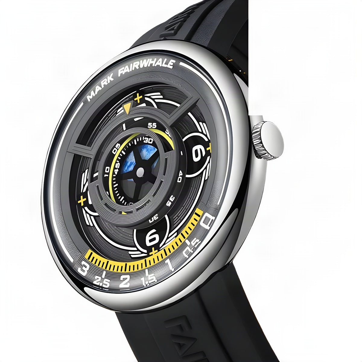 Mark Fairwhale mirror-dial quartz watch, silver case, black dial, black rubber strap, on white background