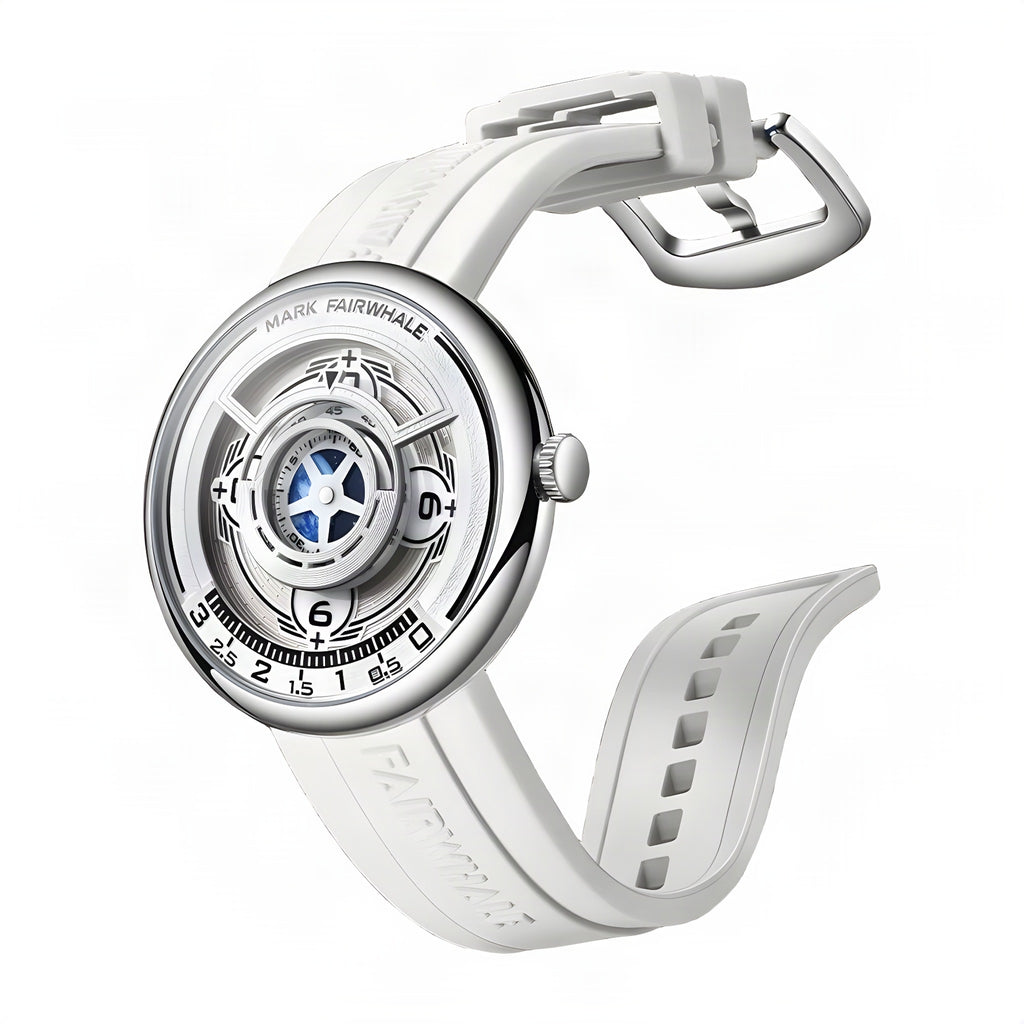 Mark Fairwhale mirror-dial quartz watch, silver case, white dial, white rubber strap, on white background