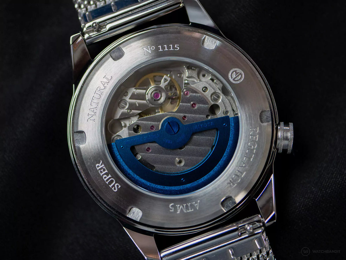 Exhibition caseback of the Supernatural Caturix showing the Miyota 82S7 automatic movement