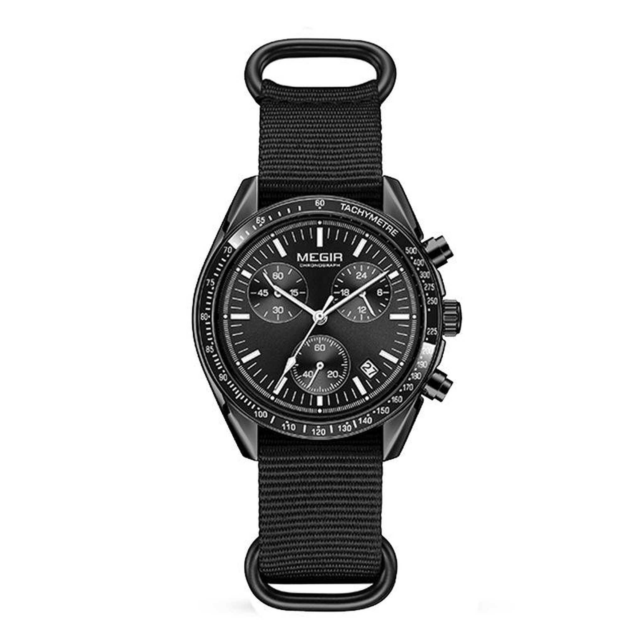 MEGIR black and gray dial quartz chronograph with black canvas strap on white background