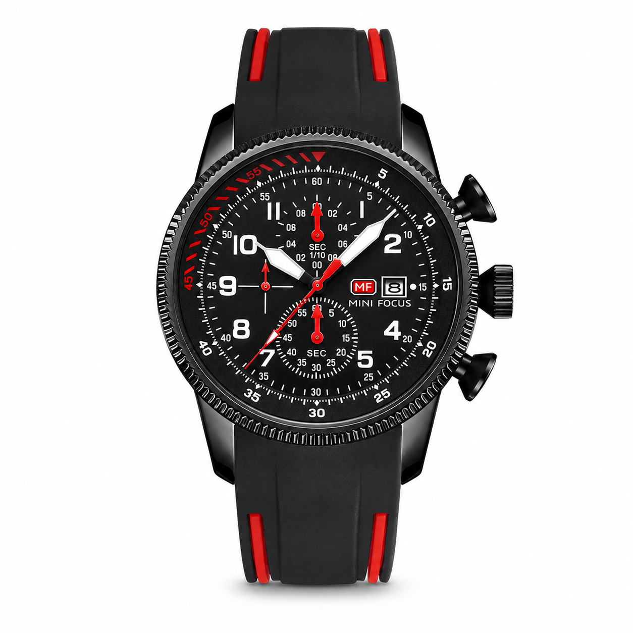 MINI FOCUS Black and Red Quartz Chronograph on pure white background
