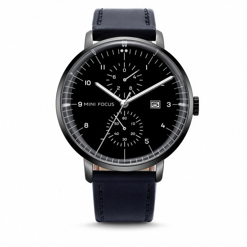 MINI FOCUS minimalist quartz chronograph, black dial and navy leather band