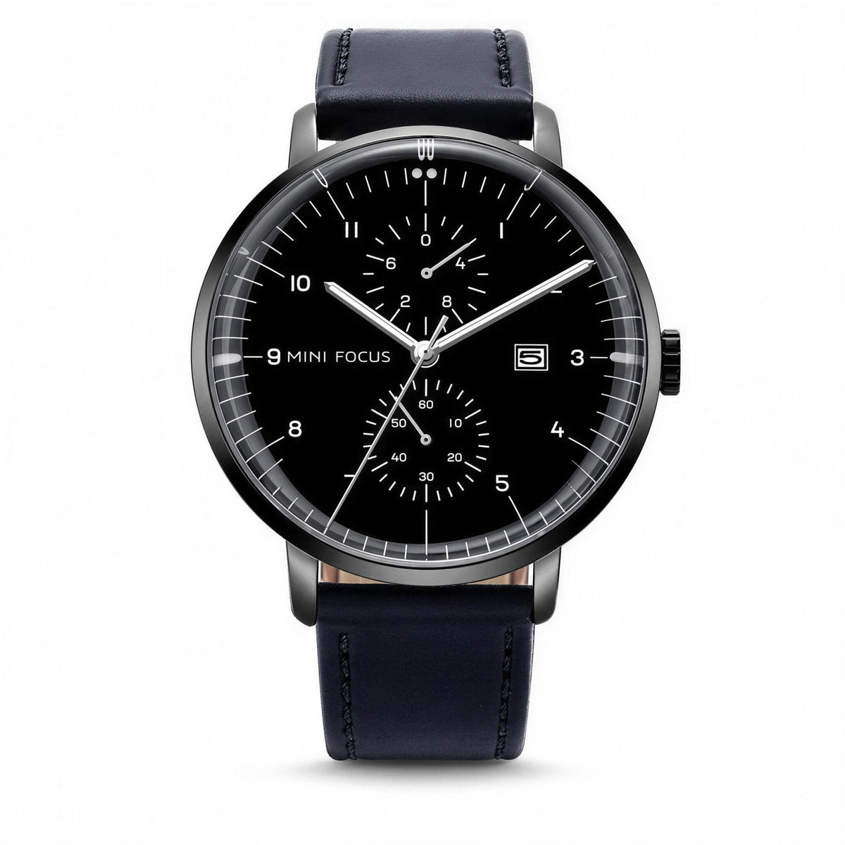 MINI FOCUS minimalist quartz chronograph, black dial and navy leather band