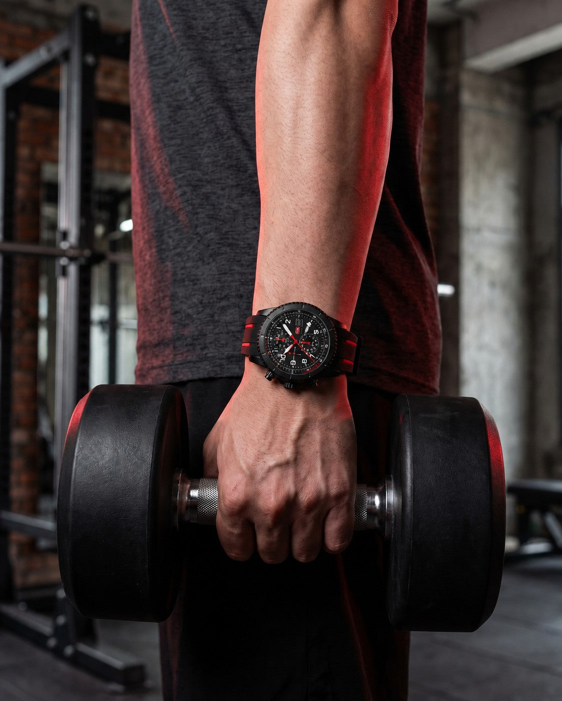 MINI FOCUS 0379G Black and Red chronograph worn while lifting a dumbbell