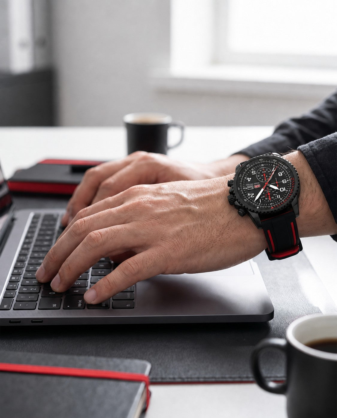 MINI FOCUS 0379G Black and Red chronograph worn while working on a laptop