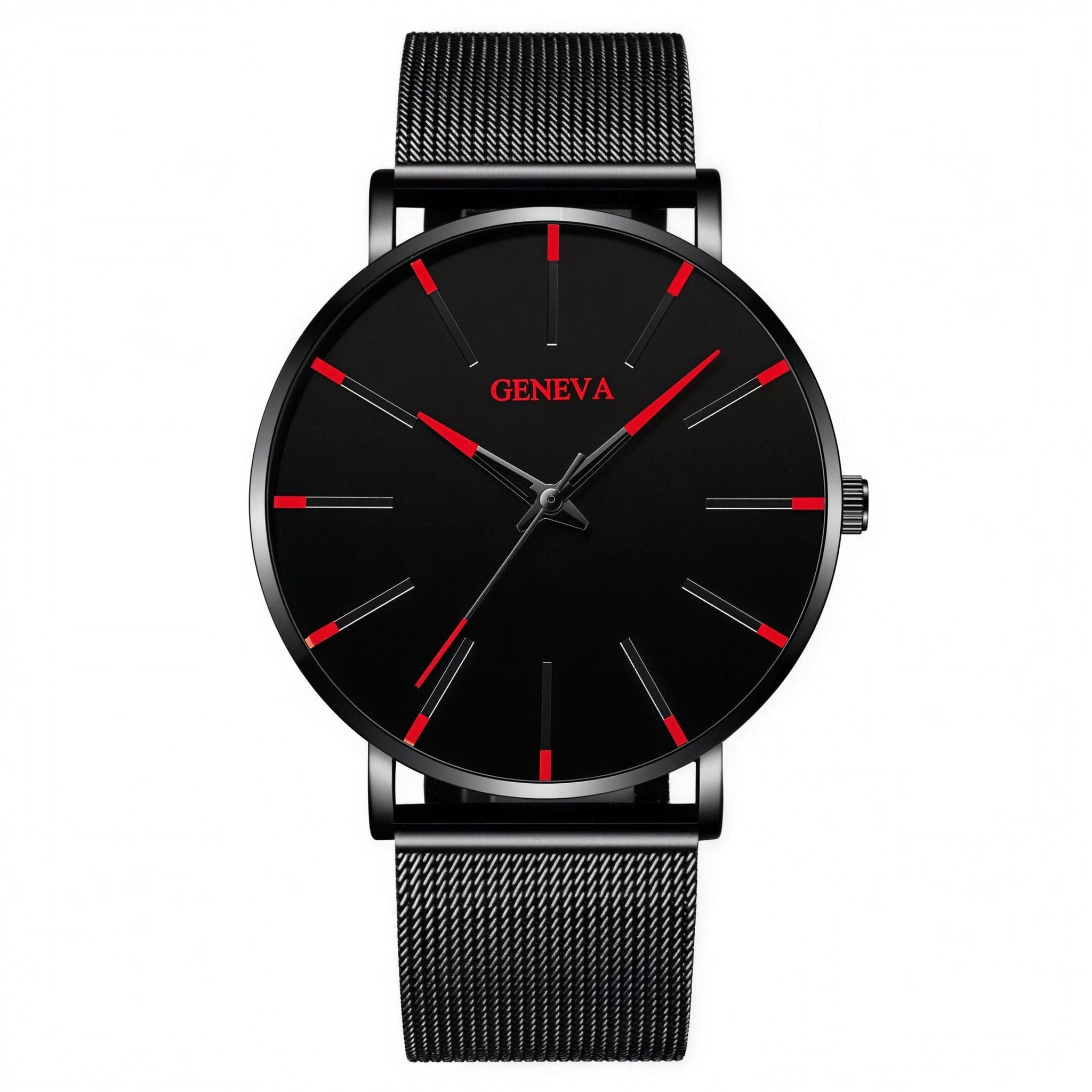 Minimalist mesh quartz watch — Black / Red