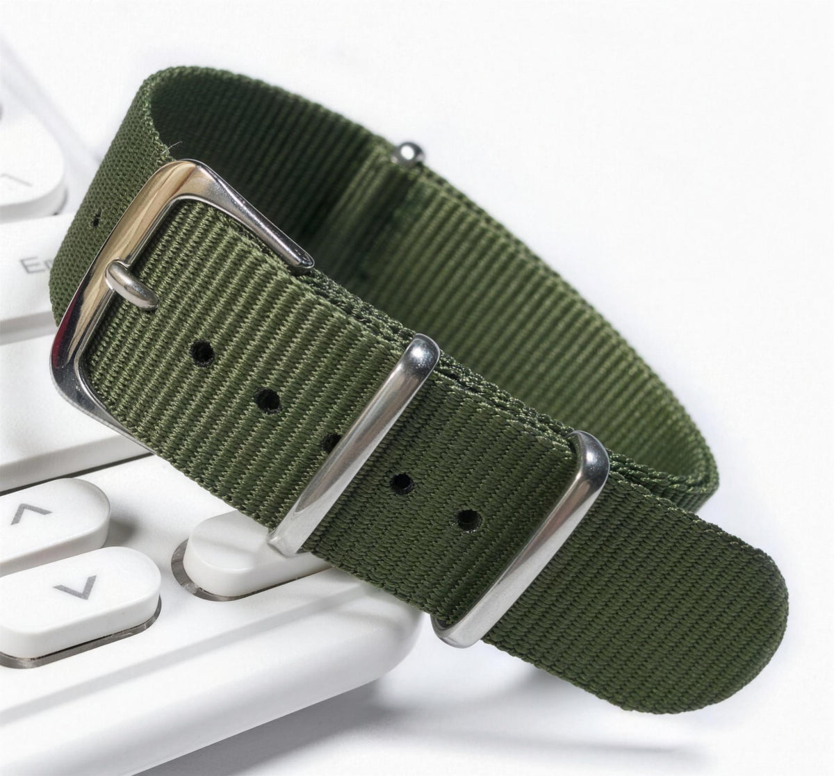 Olive green woven nylon pass-through watch strap with brushed steel keepers and pin buckle
