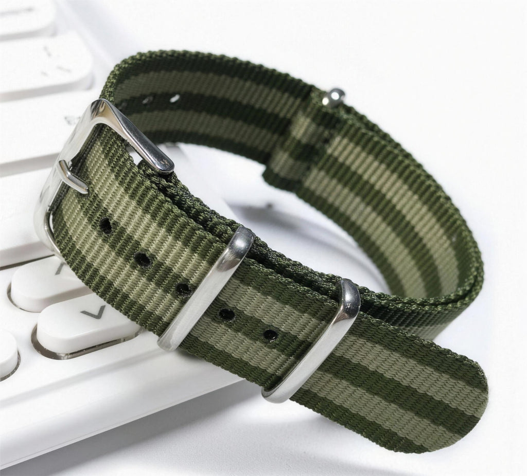 Olive camouflage woven nylon pass-through watch strap with brushed steel keepers and pin buckle