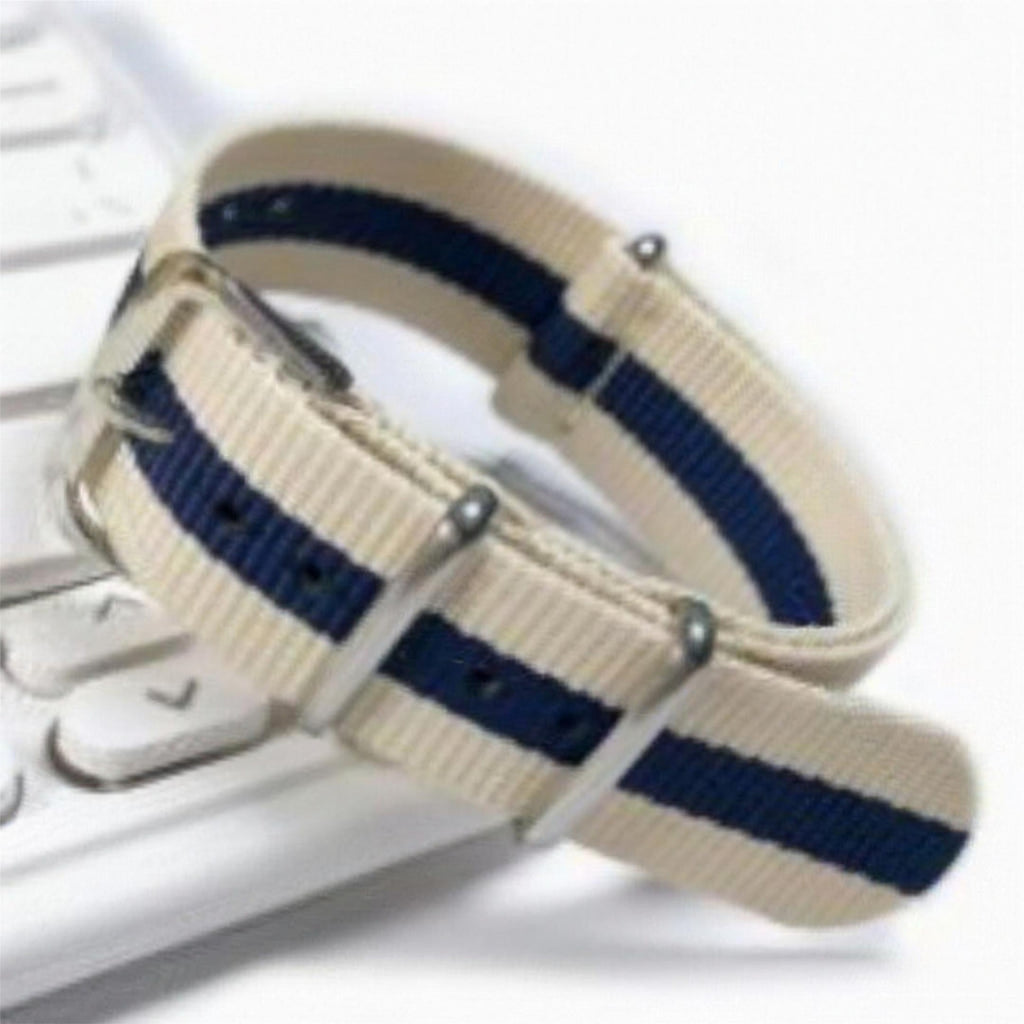 Khaki and navy striped woven nylon pass-through watch strap, coiled to show the weave