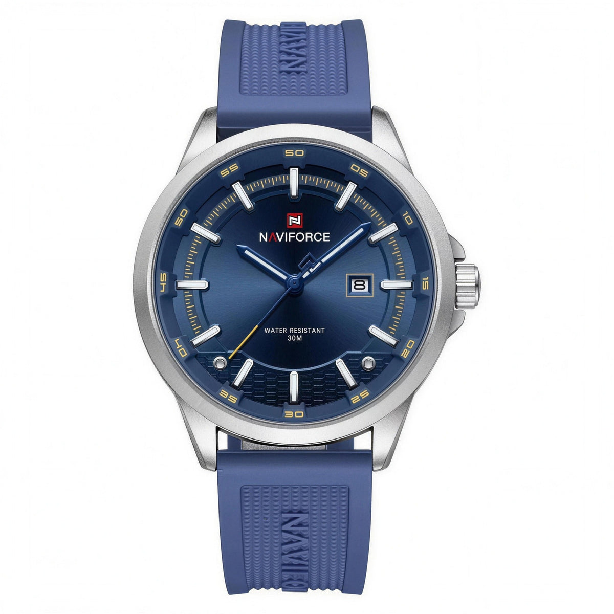 NAVIFORCE 9248 sport calendar quartz watch, 46mm, silver case with blue dial and blue silicone strap