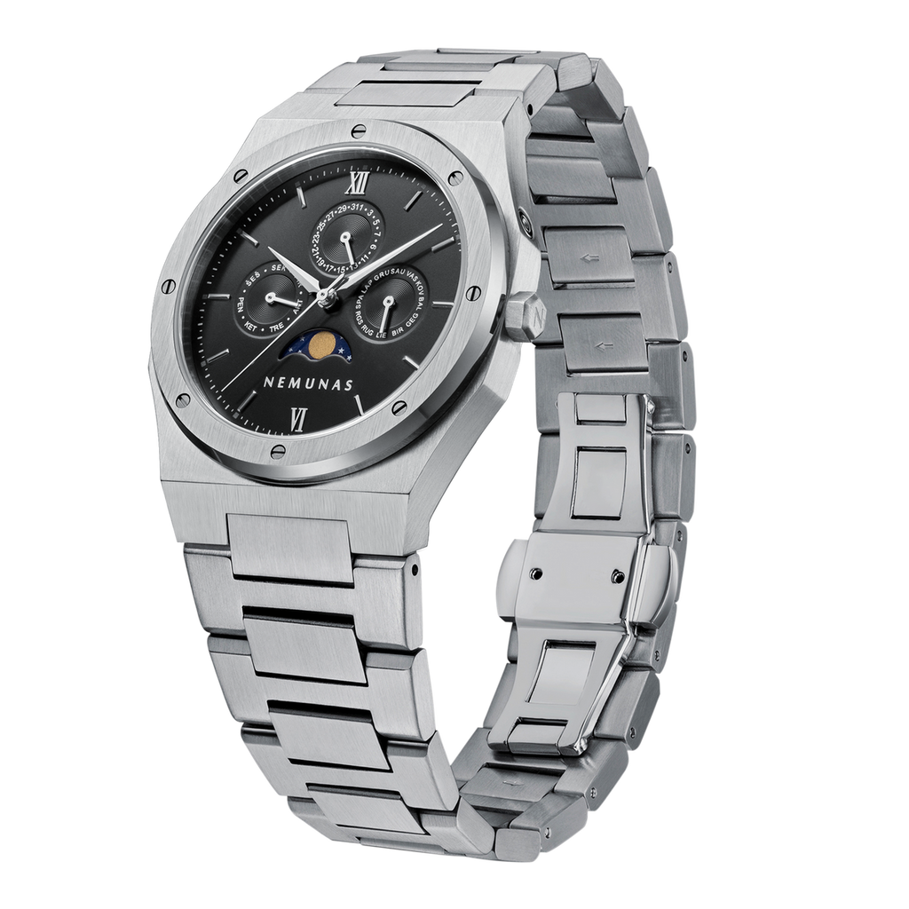 NEMUNAS Perkunas black and silver watch angled view