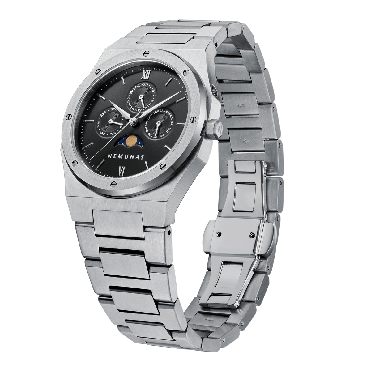 NEMUNAS Perkunas black and silver watch angled view