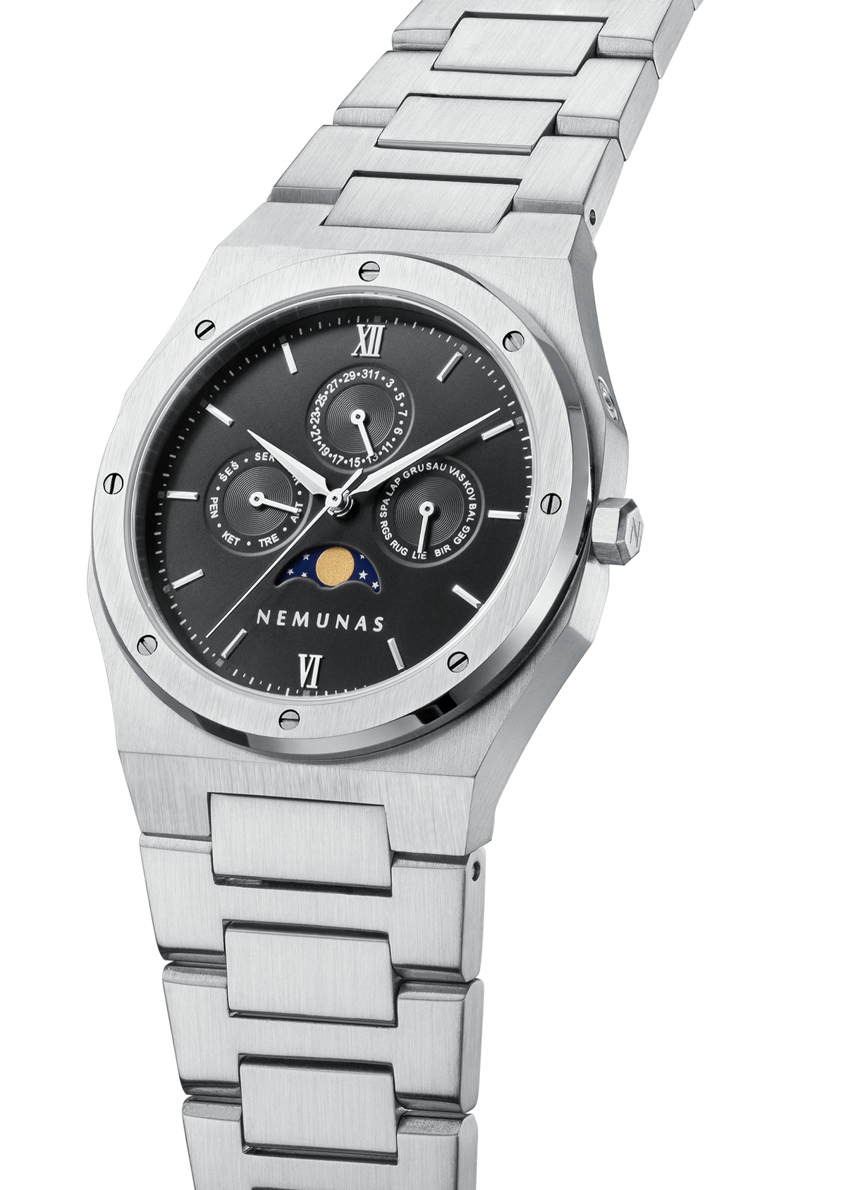 NEMUNAS Perkunas black and silver watch front