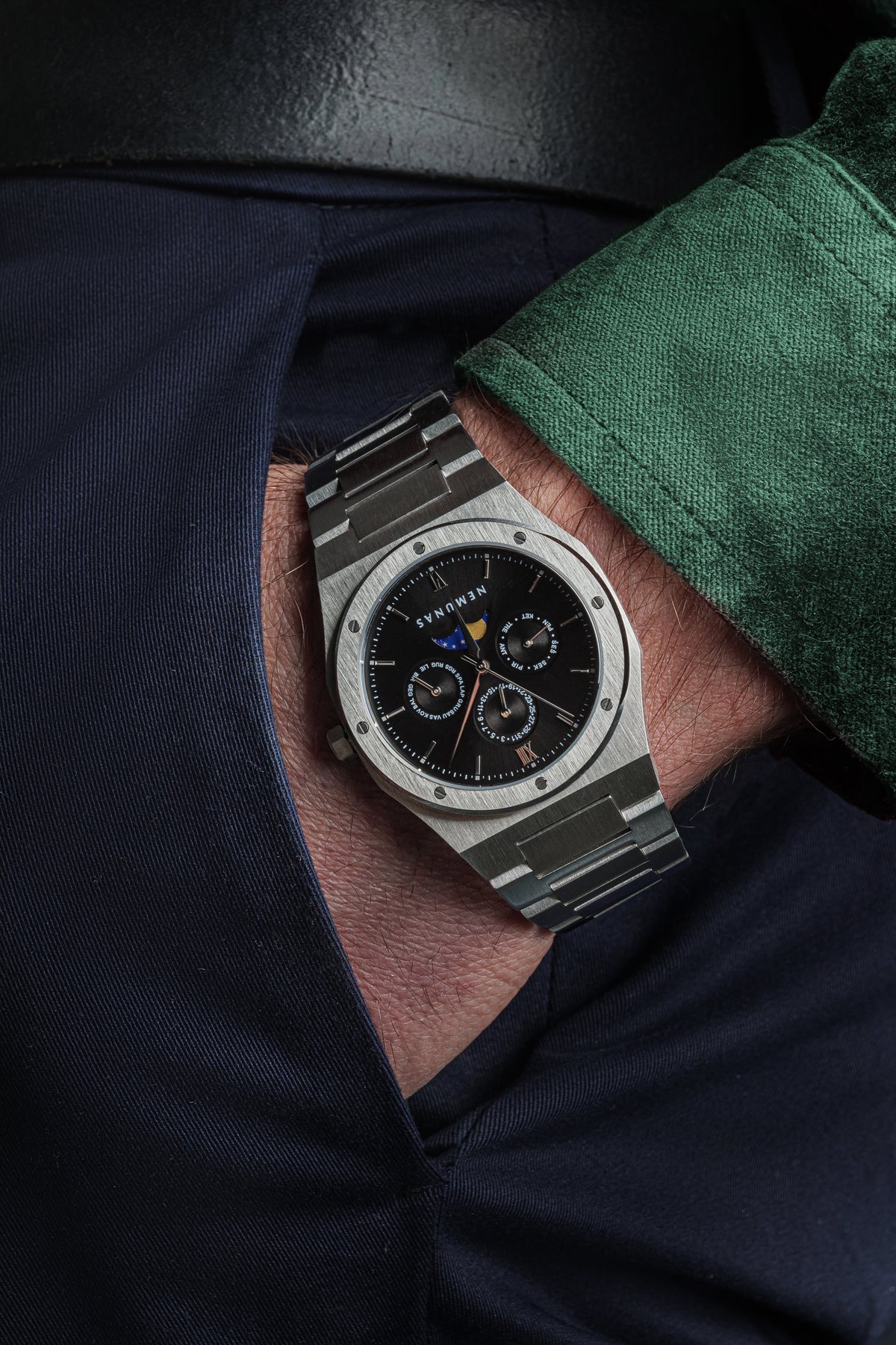 NEMUNAS Perkunas black and silver watch on wrist