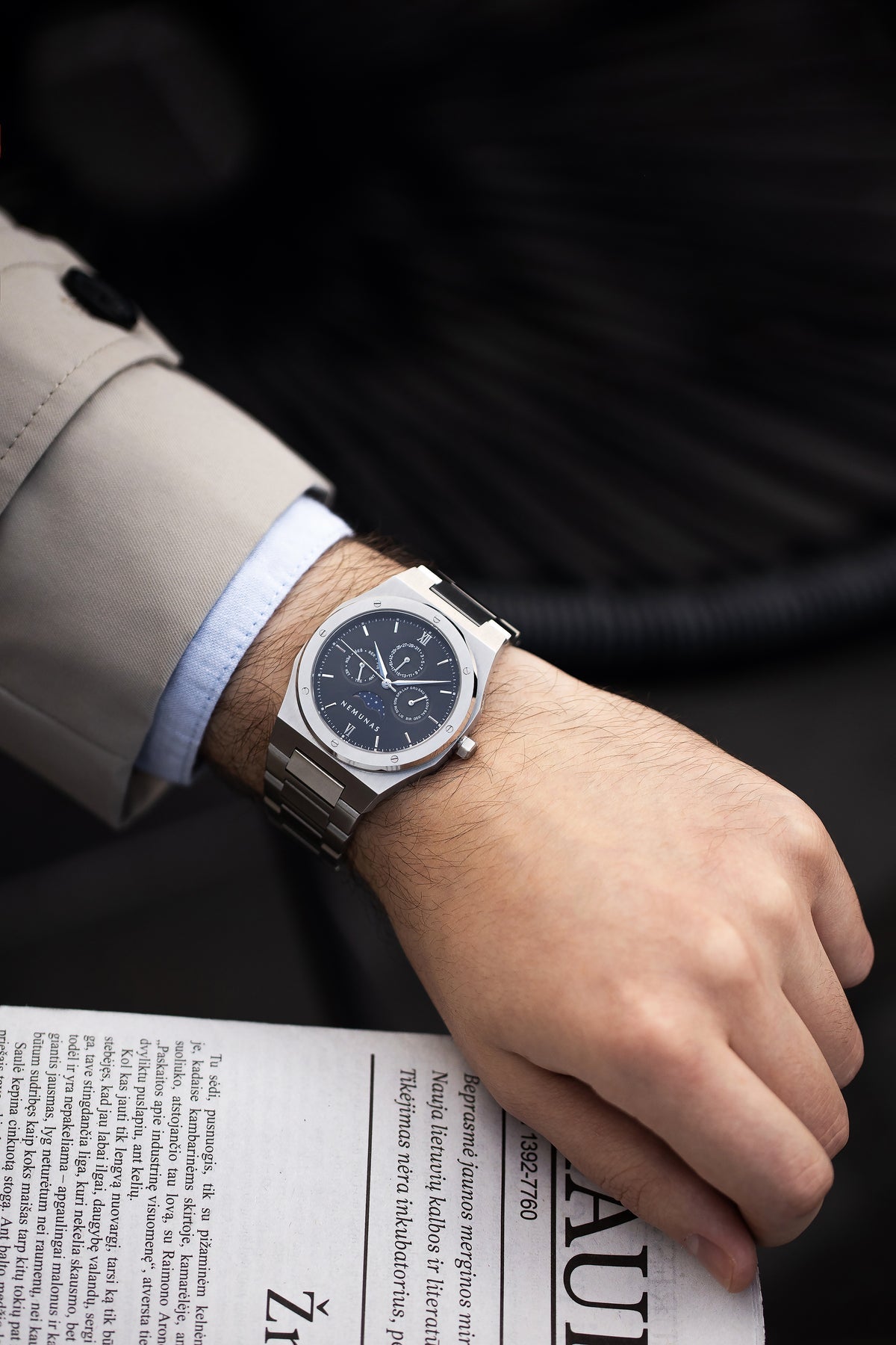 NEMUNAS Perkunas black and silver watch with gray jacket