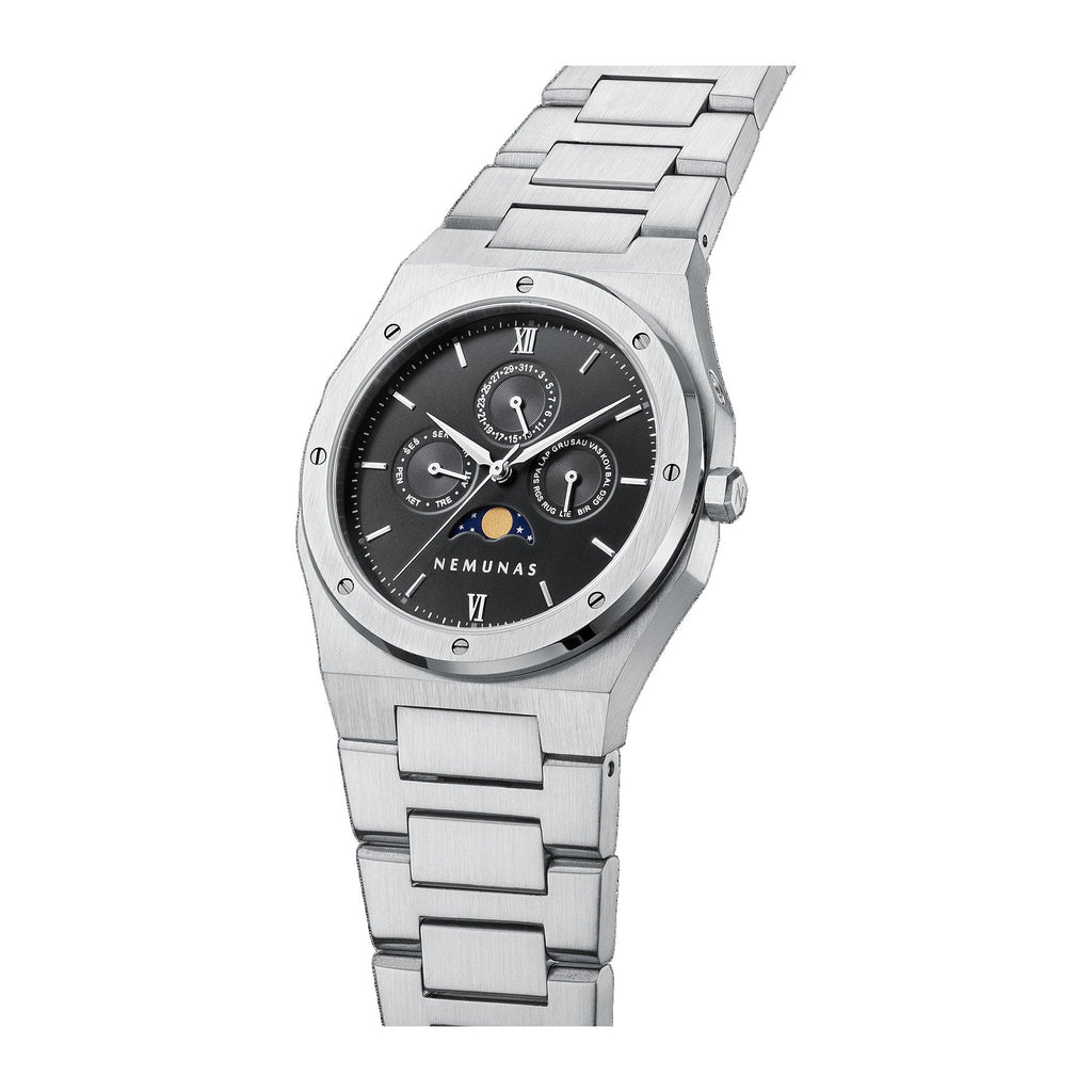 NEMUNAS Perkunas black and silver watch on white background