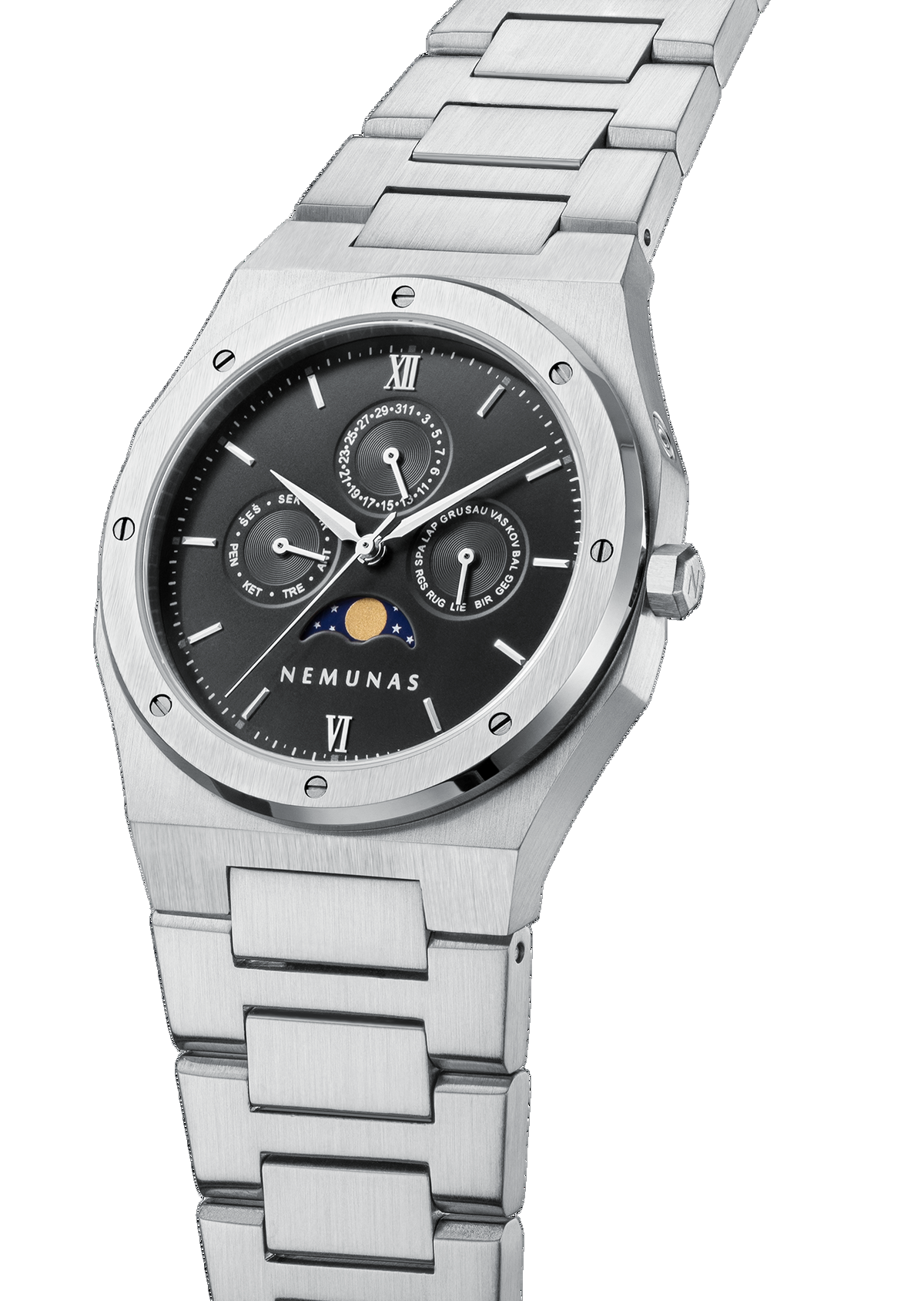 NEMUNAS Perkunas black and silver watch on white background