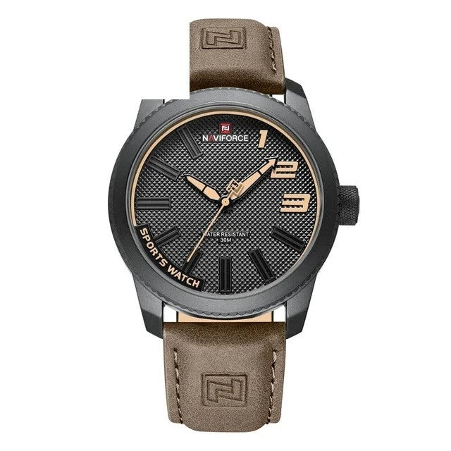 NAVIFORCE 9202 week and date quartz watch on brown leather with rose gold accents