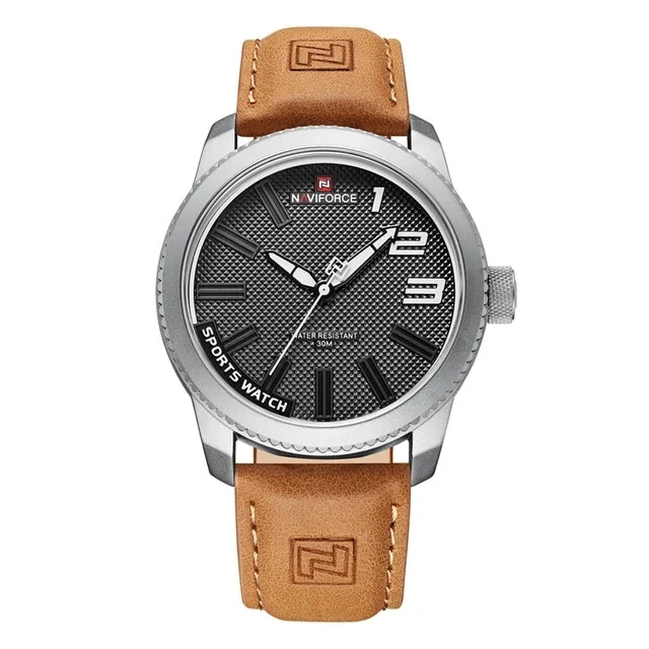 NAVIFORCE 9202 week and date quartz watch on tan leather