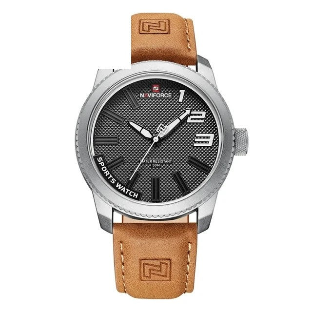 NAVIFORCE 9202 week and date quartz watch on tan leather