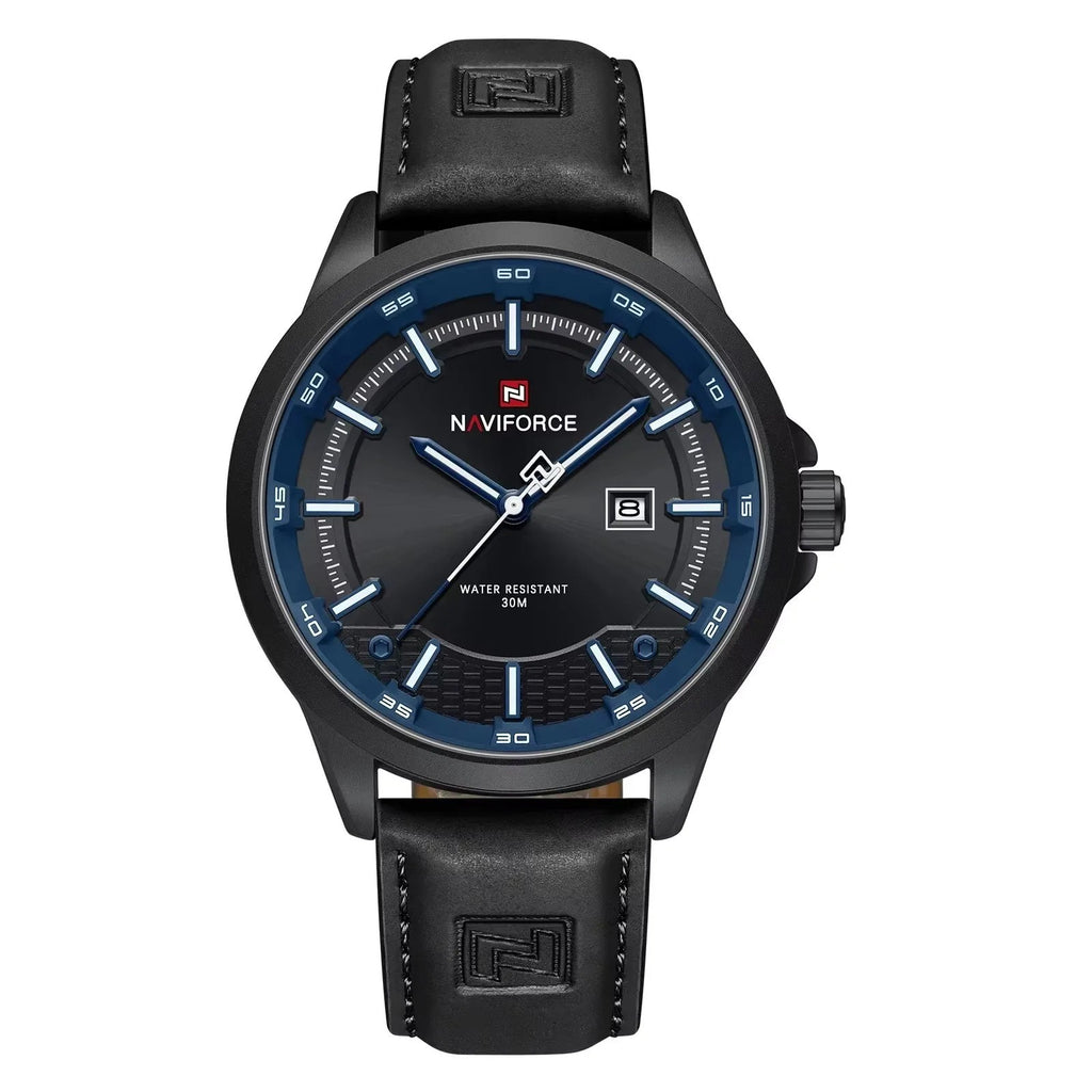 NAVIFORCE 9248 sport calendar quartz watch, blue dial on black leather