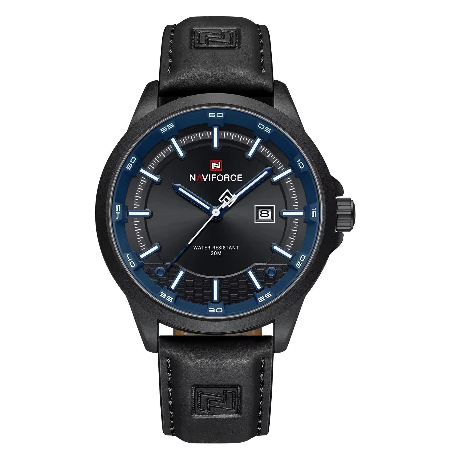 NAVIFORCE 9248 sport calendar quartz watch, blue dial on black leather