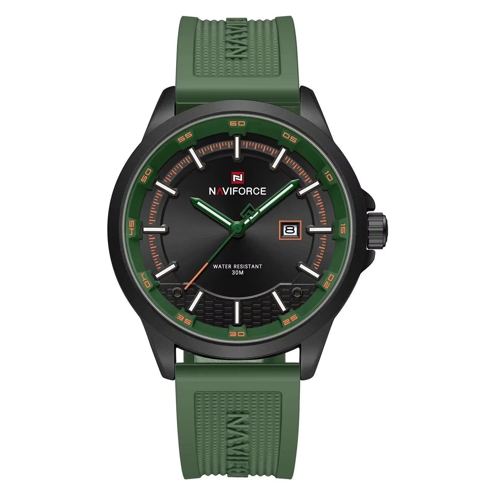 NAVIFORCE 9248 sport calendar quartz watch, green accents on green silicone