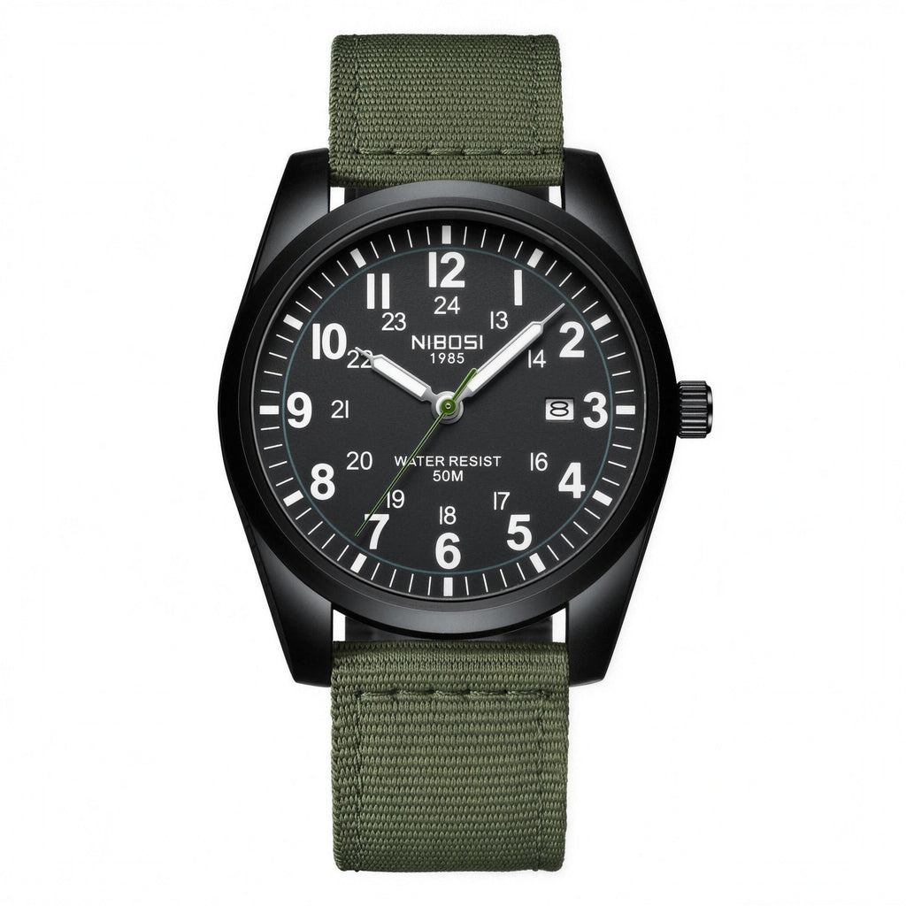 NIBOSI 2639 field quartz watch, black case and dial on green nylon strap