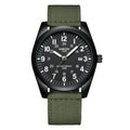 NIBOSI 2639 field quartz watch, black case and dial on green nylon strap