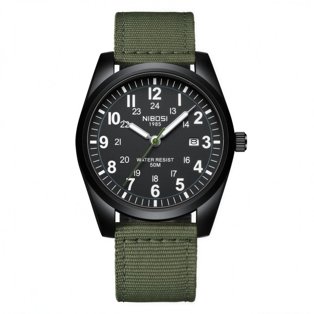 NIBOSI 2639 field quartz watch, black case and dial on green nylon strap