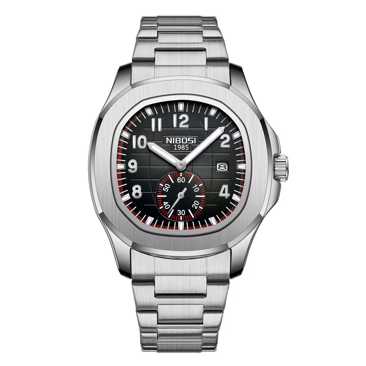 NIBOSI 2653 silver case black dial with stainless steel bracelet