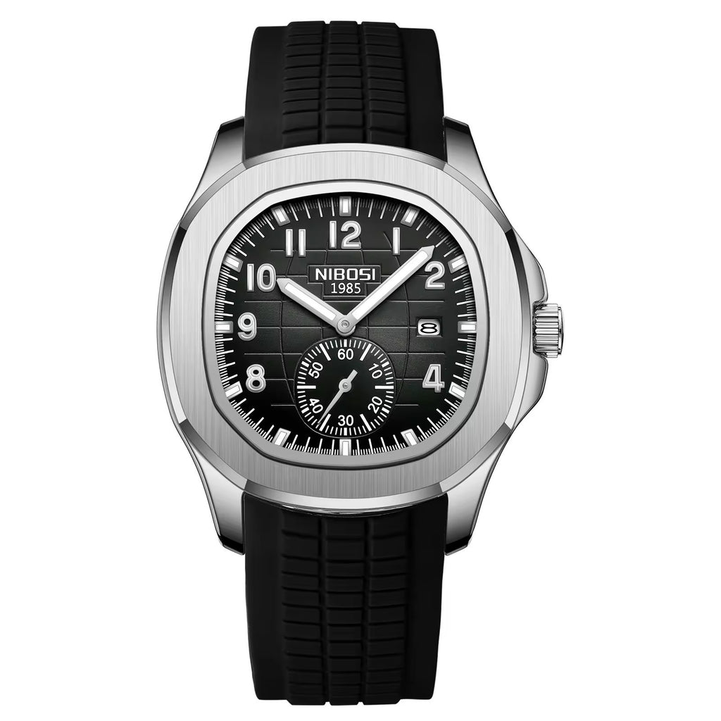 NIBOSI 2653 silver case black dial with black silicone band