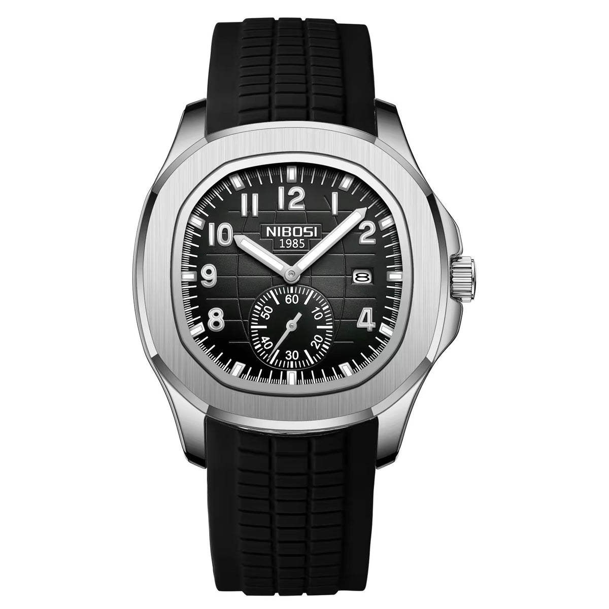 NIBOSI 2653 silver case black dial with black silicone band