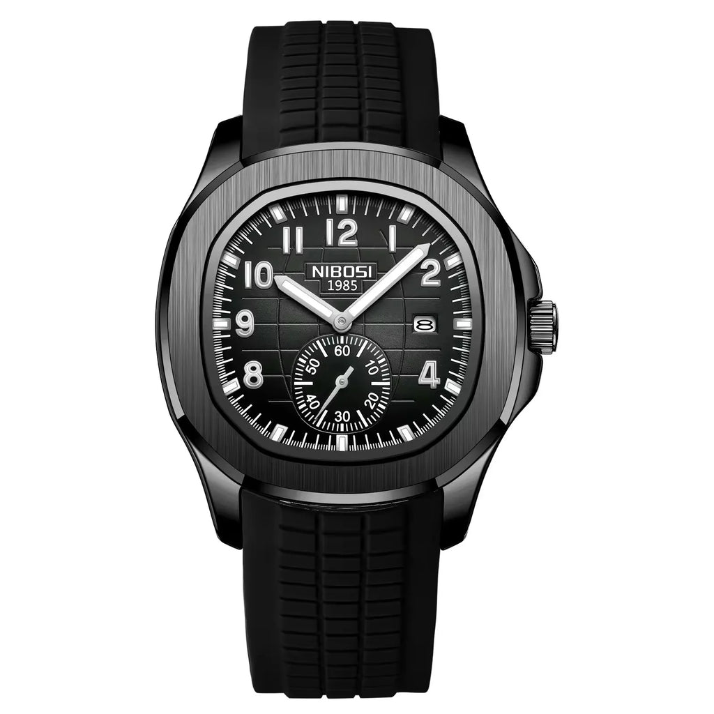 NIBOSI 2653 all-black watch with black silicone band