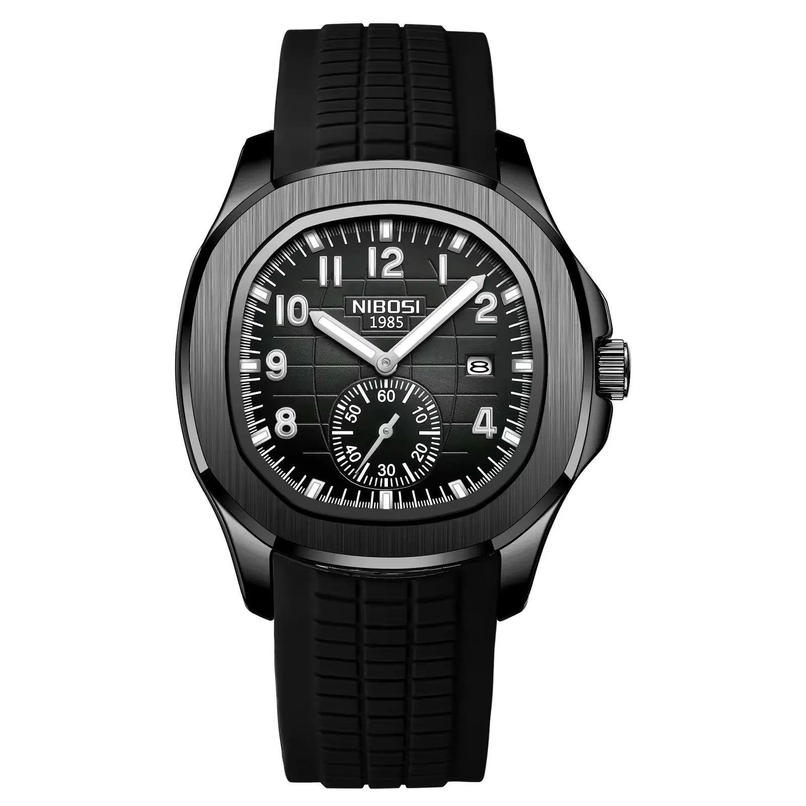 NIBOSI 2653 all-black watch with black silicone band