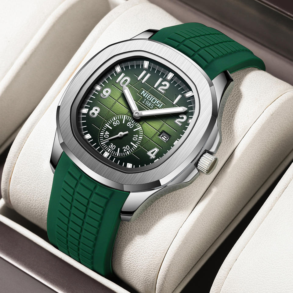NIBOSI 2653 green dial watch with green silicone band
