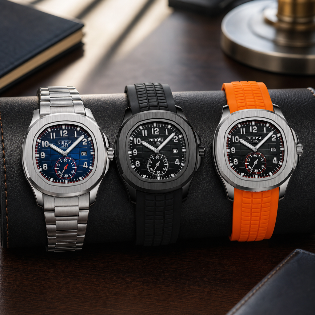 Three NIBOSI 2653 watches with steel, black silicone, and orange silicone bands on an executive desk