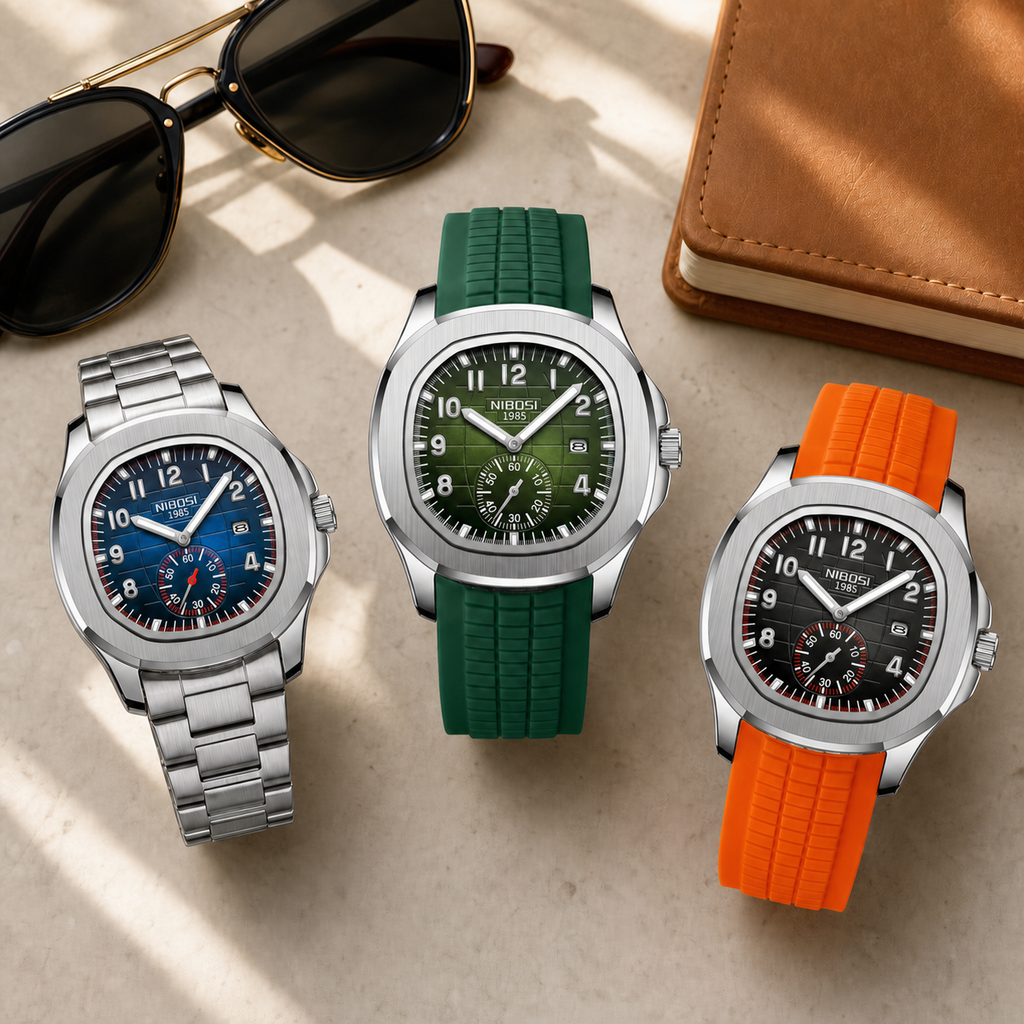 Three NIBOSI 2653 watches with steel, green silicone, and orange silicone bands in a travel flat lay