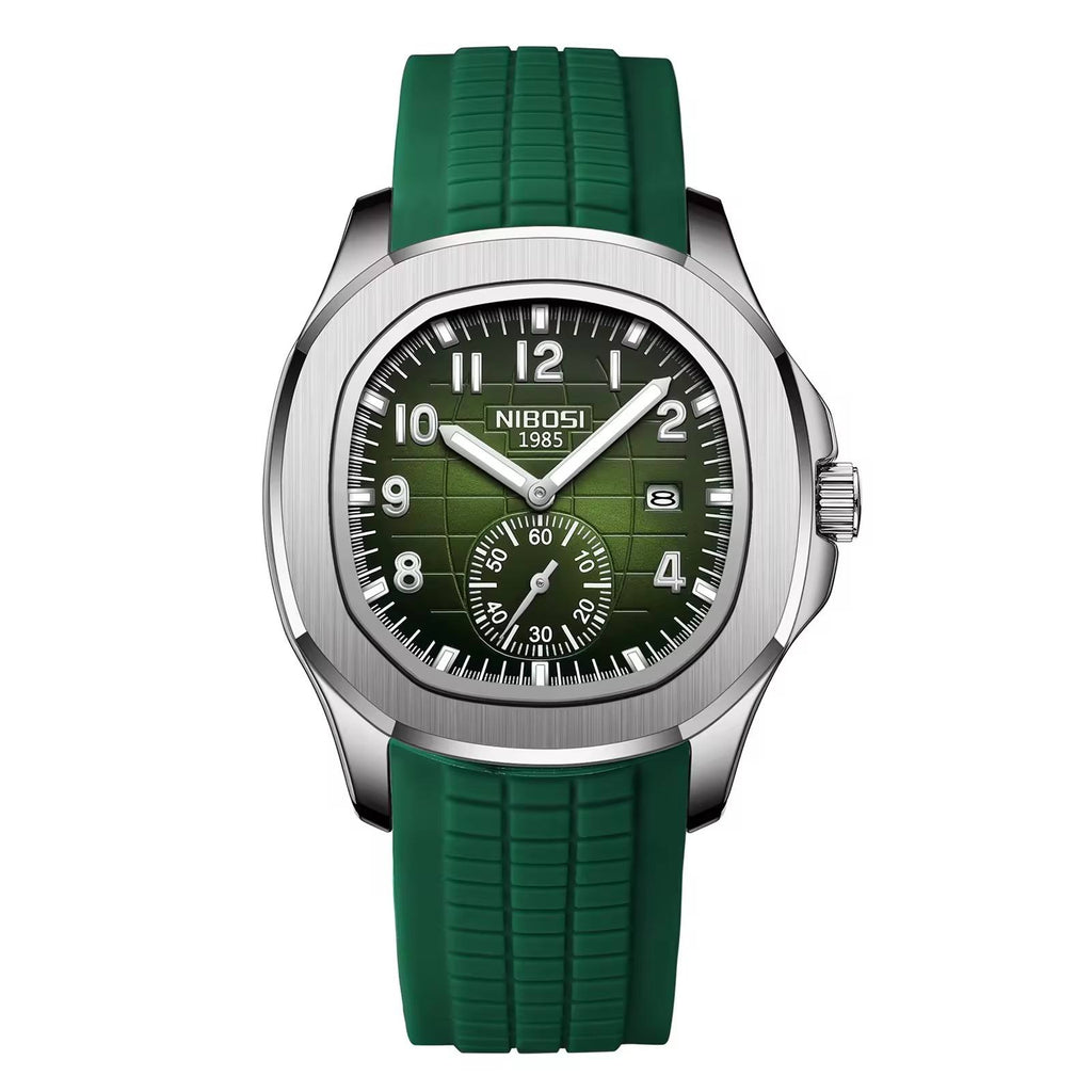 NIBOSI 2653 silver case green silicone band