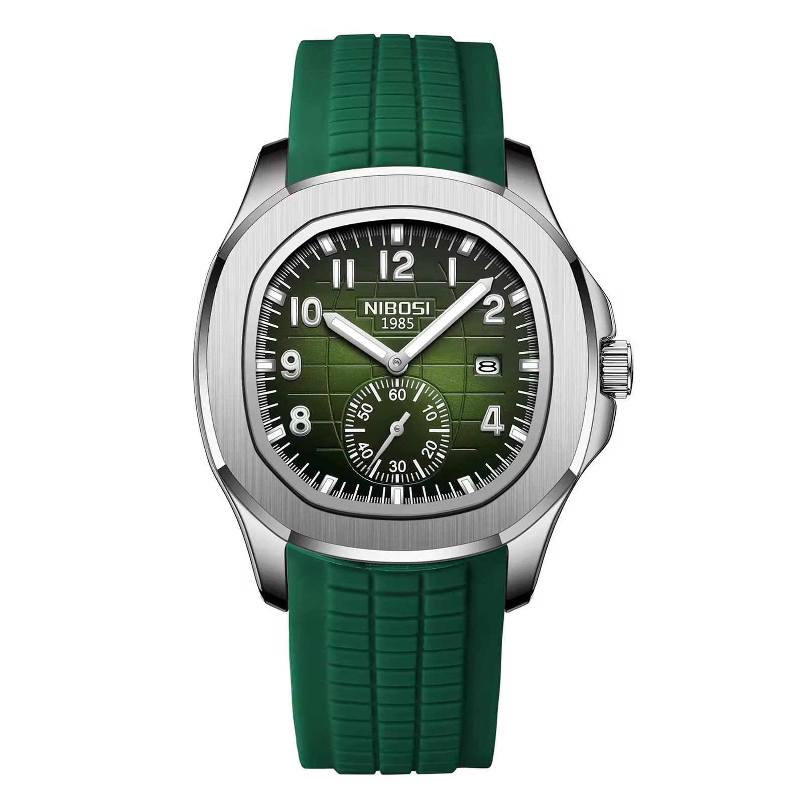 NIBOSI 2653 silver case green silicone band