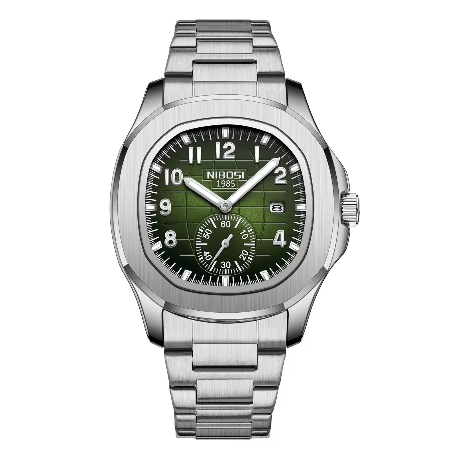 NIBOSI 2653 silver case green dial stainless steel bracelet