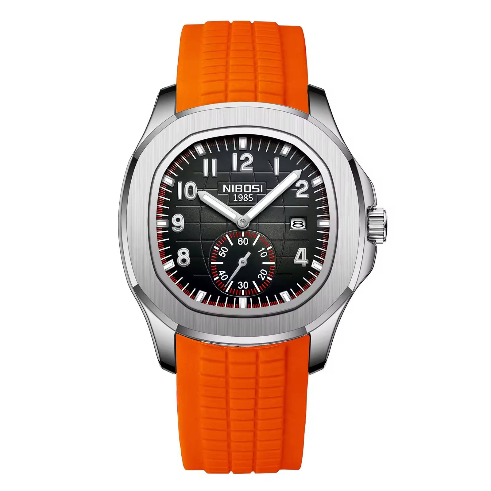 NIBOSI 2653 silver case orange silicone band