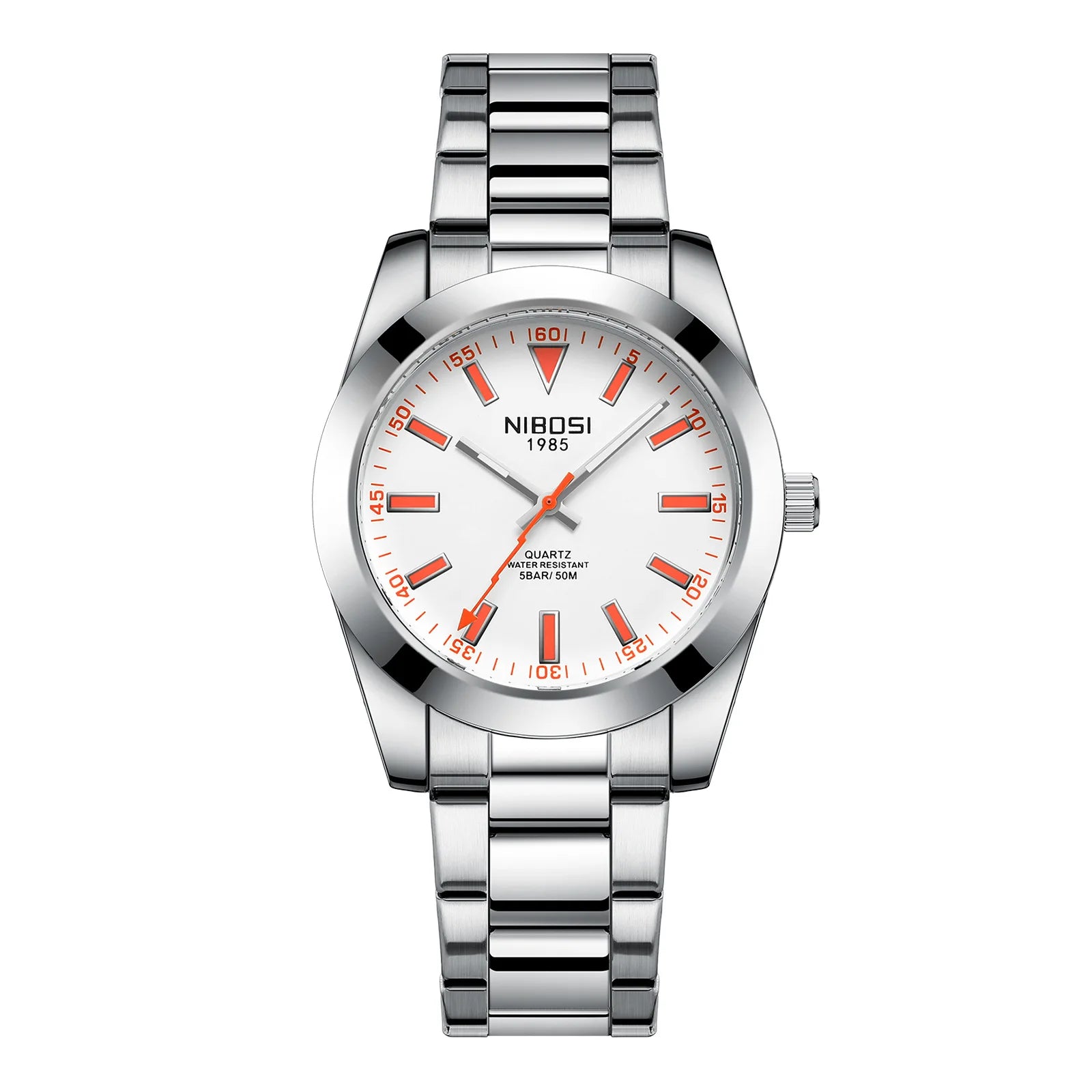 NIBOSI 2699 classic steel quartz watch silver case white dial