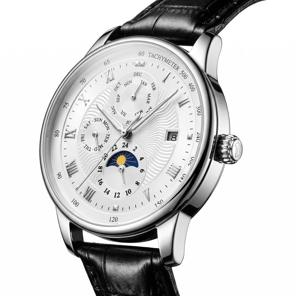TEVISE 867A silver-white automatic multi-display watch, angled view of the case side and crown, on white