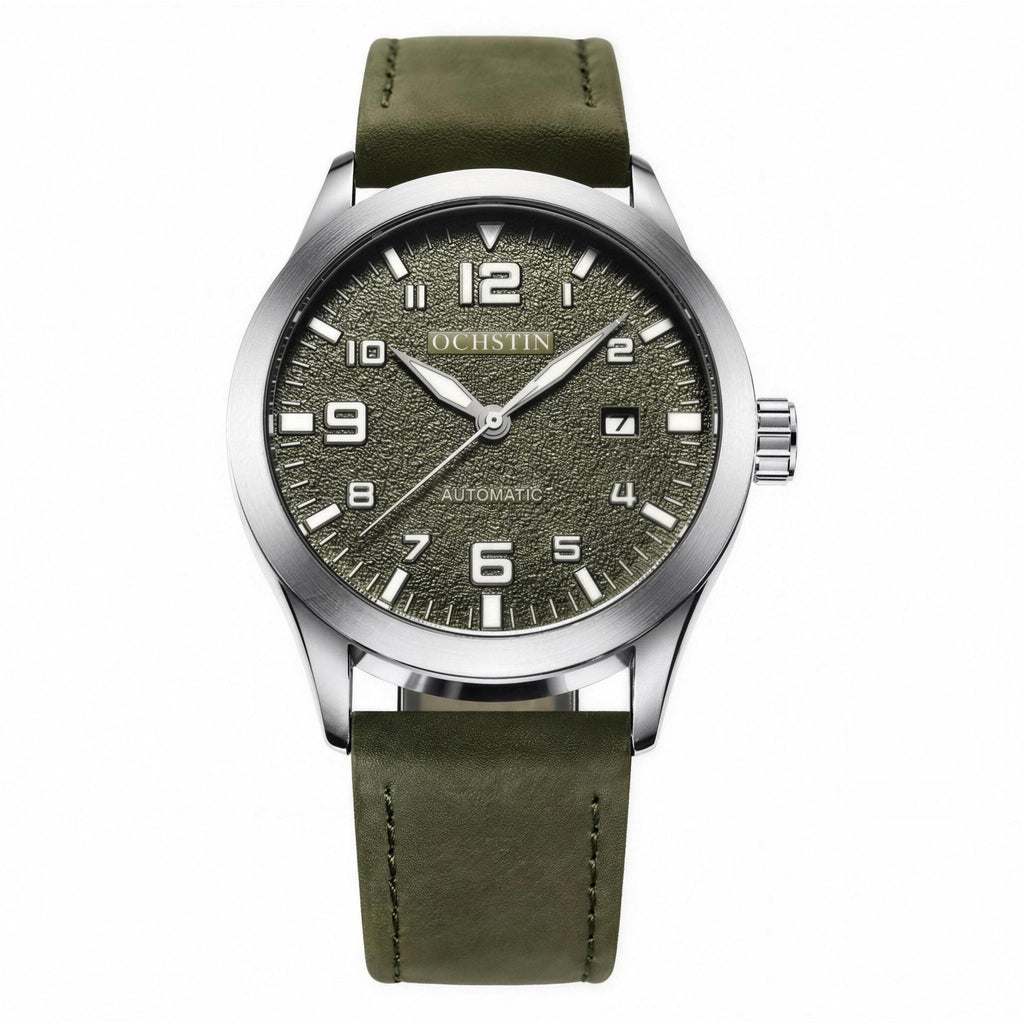 OCHSTIN military green automatic watch, 43.5mm, green leather strap